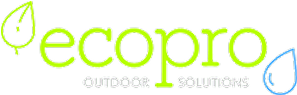 Logo for EcoPro Outdoor Solutions; lime green text and design elements: a leaf, a droplet, and a white background.