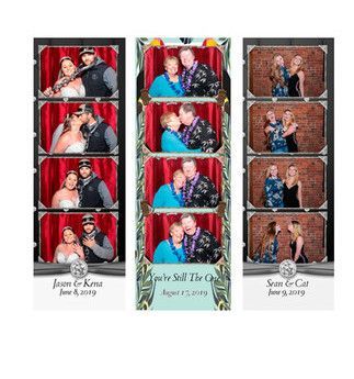 A bride and groom are posing for a picture in a photo booth.