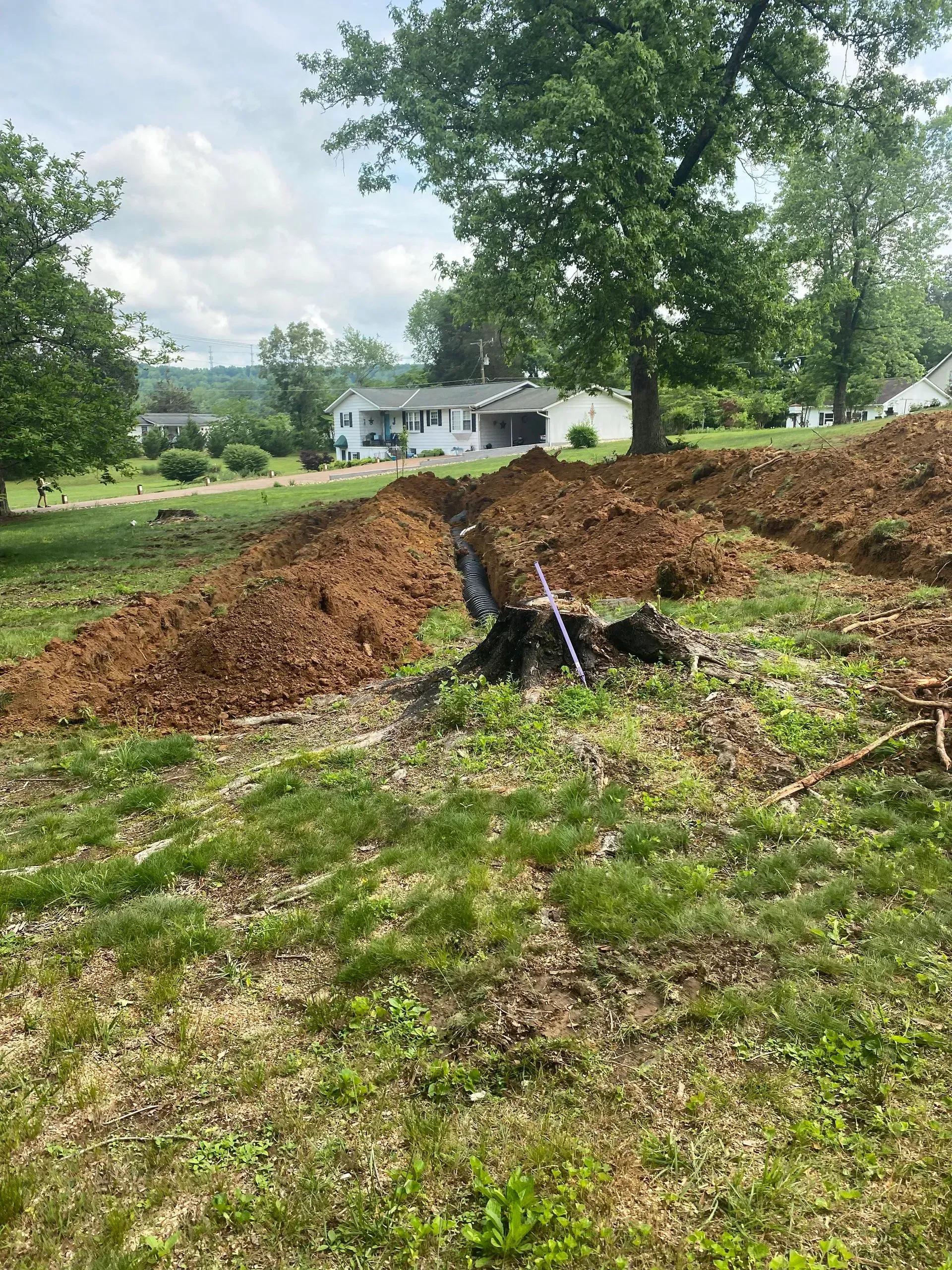 A pile of dirt is sitting in the middle of a grassy field.
