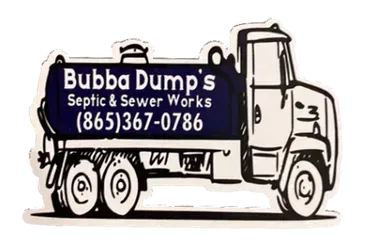 A black and white drawing of a Bubba Dumps Septic & Sewer Works truck