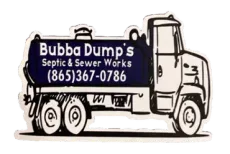 A black and white drawing of a Bubba Dumps Septic & Sewer Works truck
