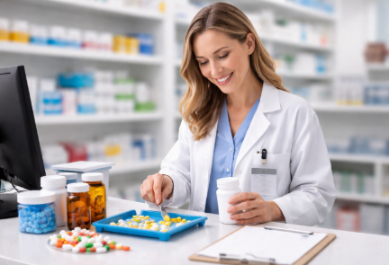 Pharmacist sorting pills at counter