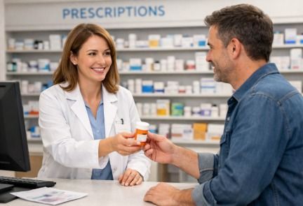 Female pharmacist handing prescription medication to a male customer at a pharmacy counter