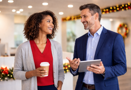 Woman and man talking inside holiday decorated office