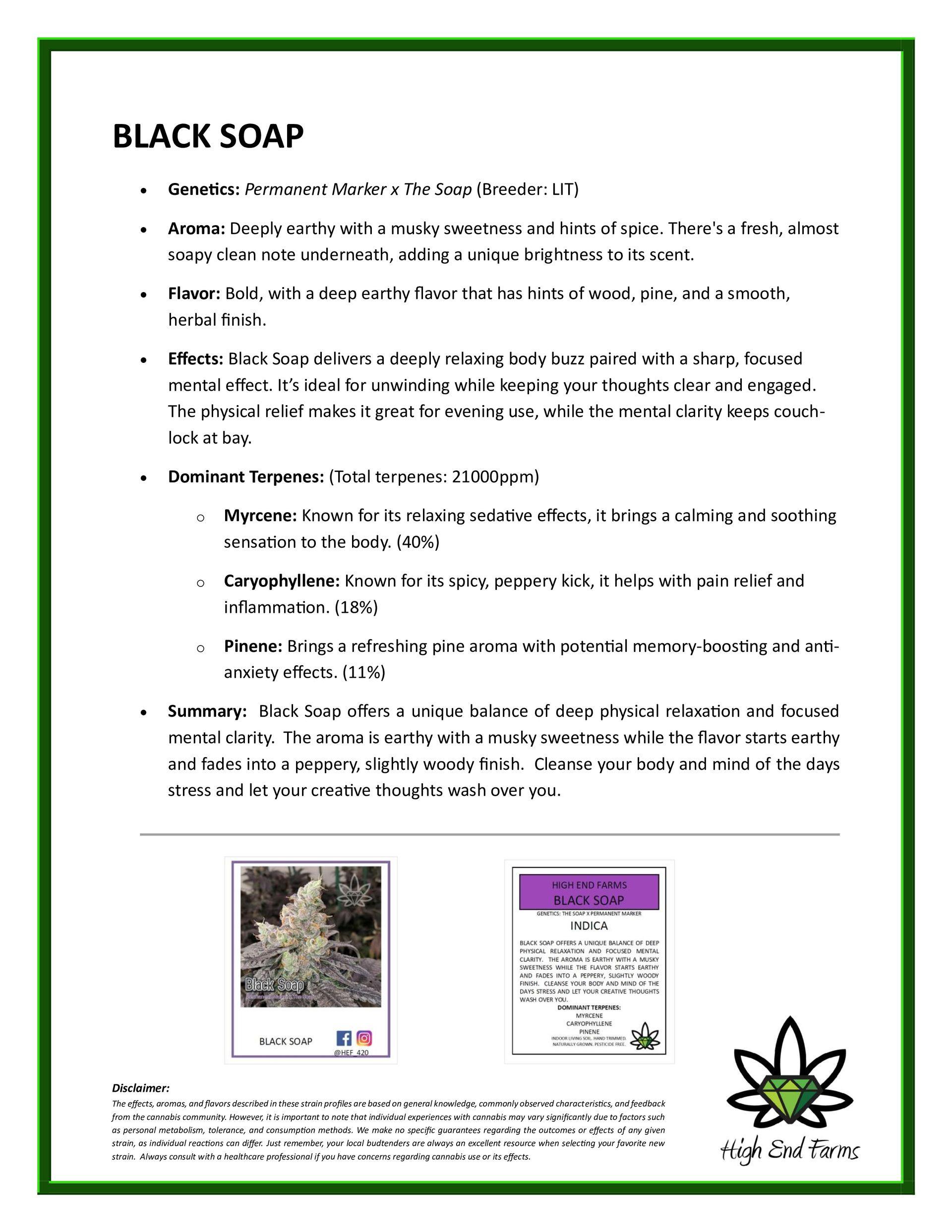 Information sheet for black soap with bullet points and two images, one of the plant and one of the soap.