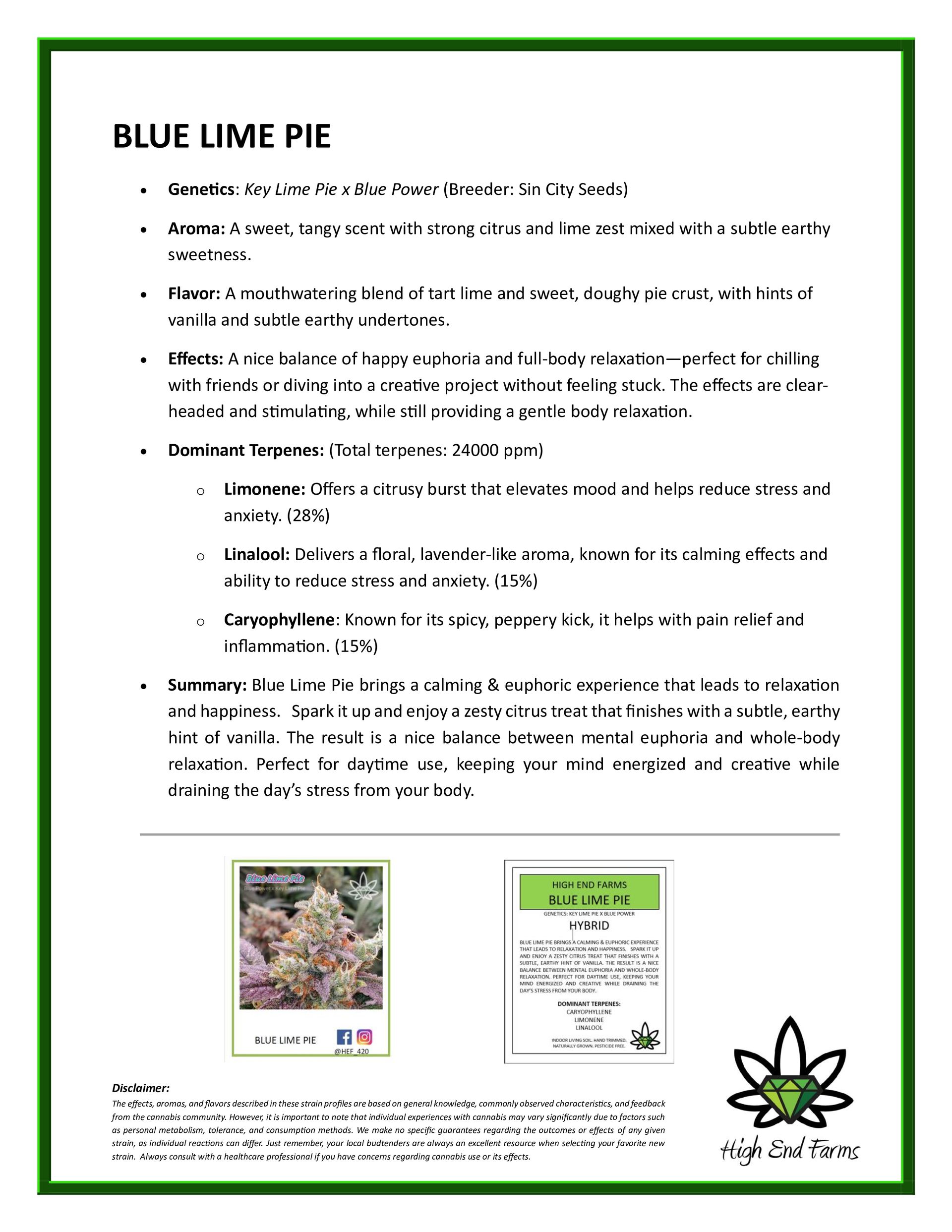 A product sheet for Blue Lime Pie, with descriptions and two small images of the plant.