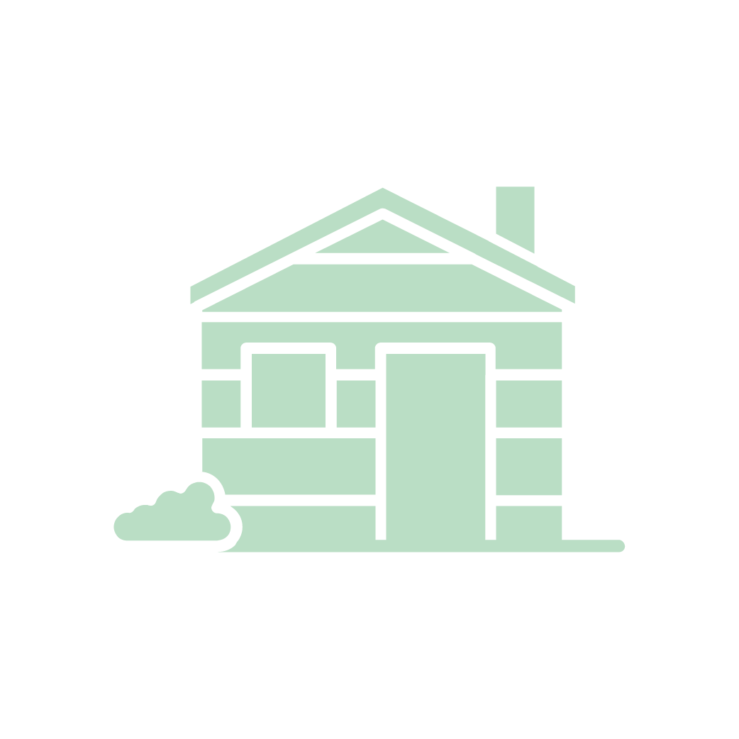 A green icon of a house with a chimney on a white background.