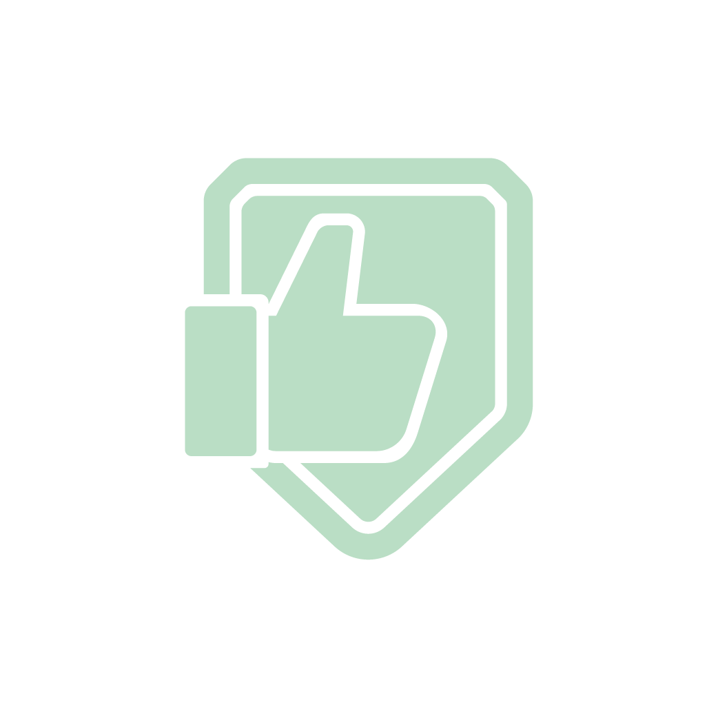 A green shield with a thumbs up sign inside of it.