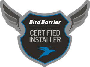 A bird barrier certified installer logo with a bird on it
