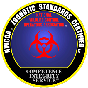A logo for zoonotic standards certified by the national wildlife control operators association