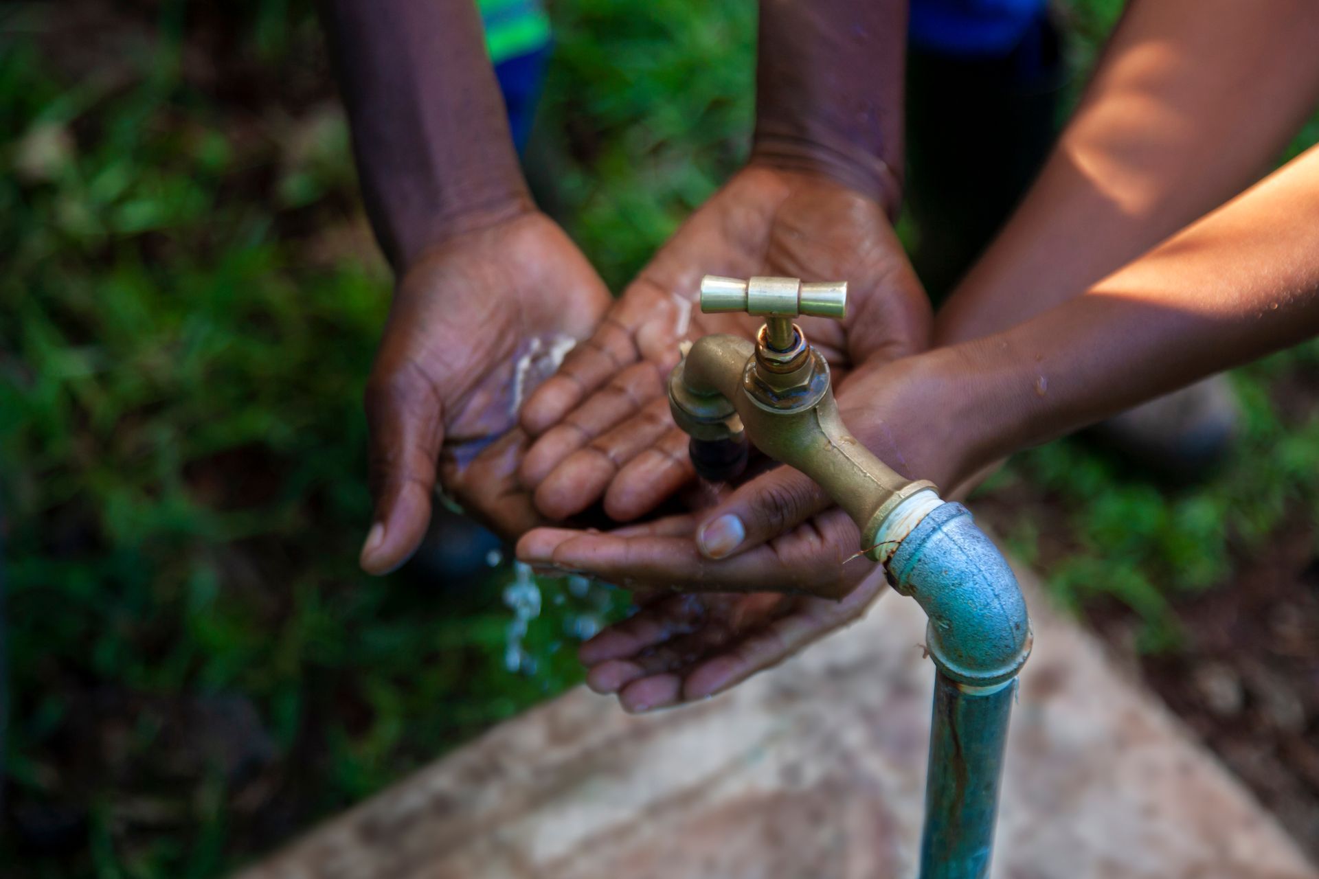 Hands cupped under running water from an outdoor faucet, against green vegetation.