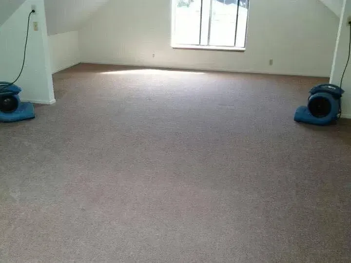 A large empty carpeted room featuring two blue air movers set up for water damage restoration.