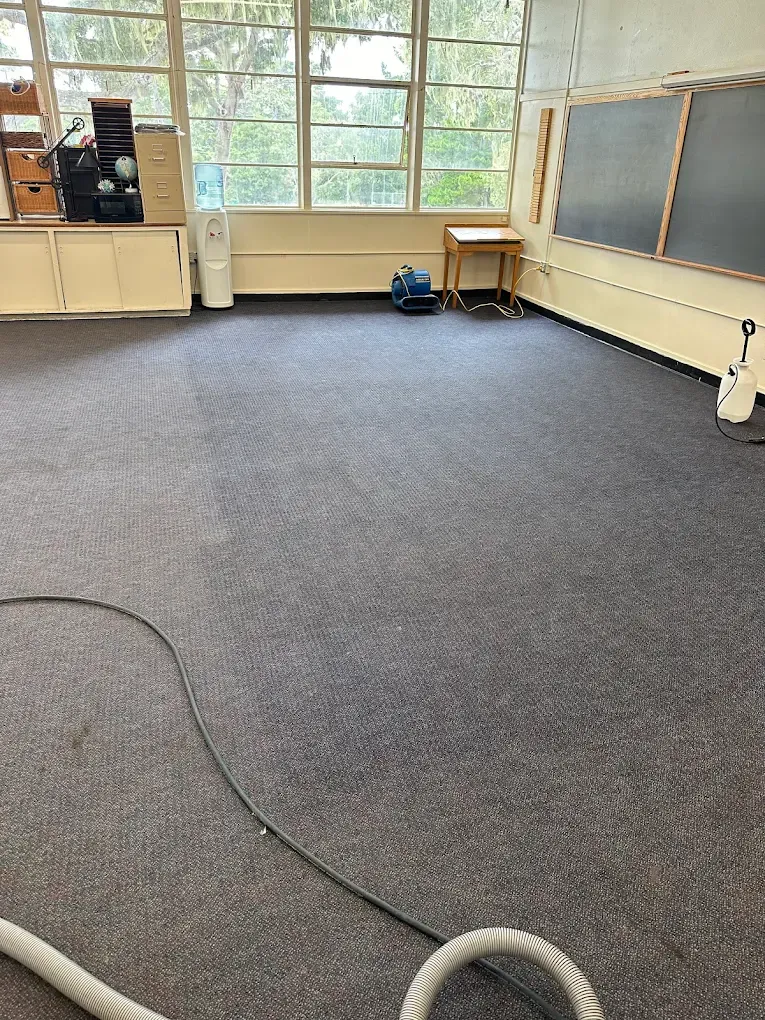 A room with dark gray carpet, large windows, a small wooden table, and carpet cleaning equipment on the floor.
