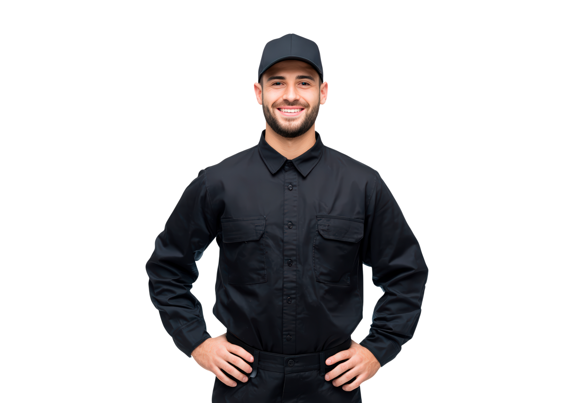 A smiling worker wearing a black uniform and cap, standing with hands on hips against a white background.