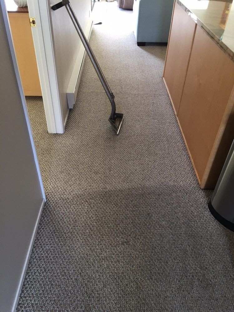 A carpet knee kicker tool rests on a patterned grey carpet in a hallway between a door frame and wooden cabinets.