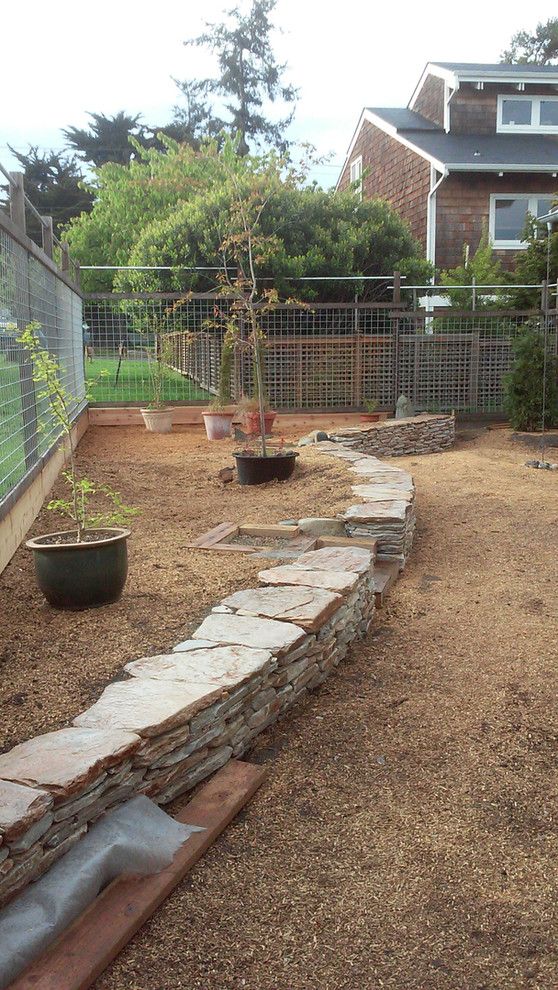 A backyard with a stone wall and potted plants
