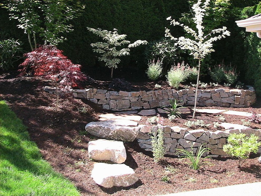 A stone wall surrounds a lush green garden