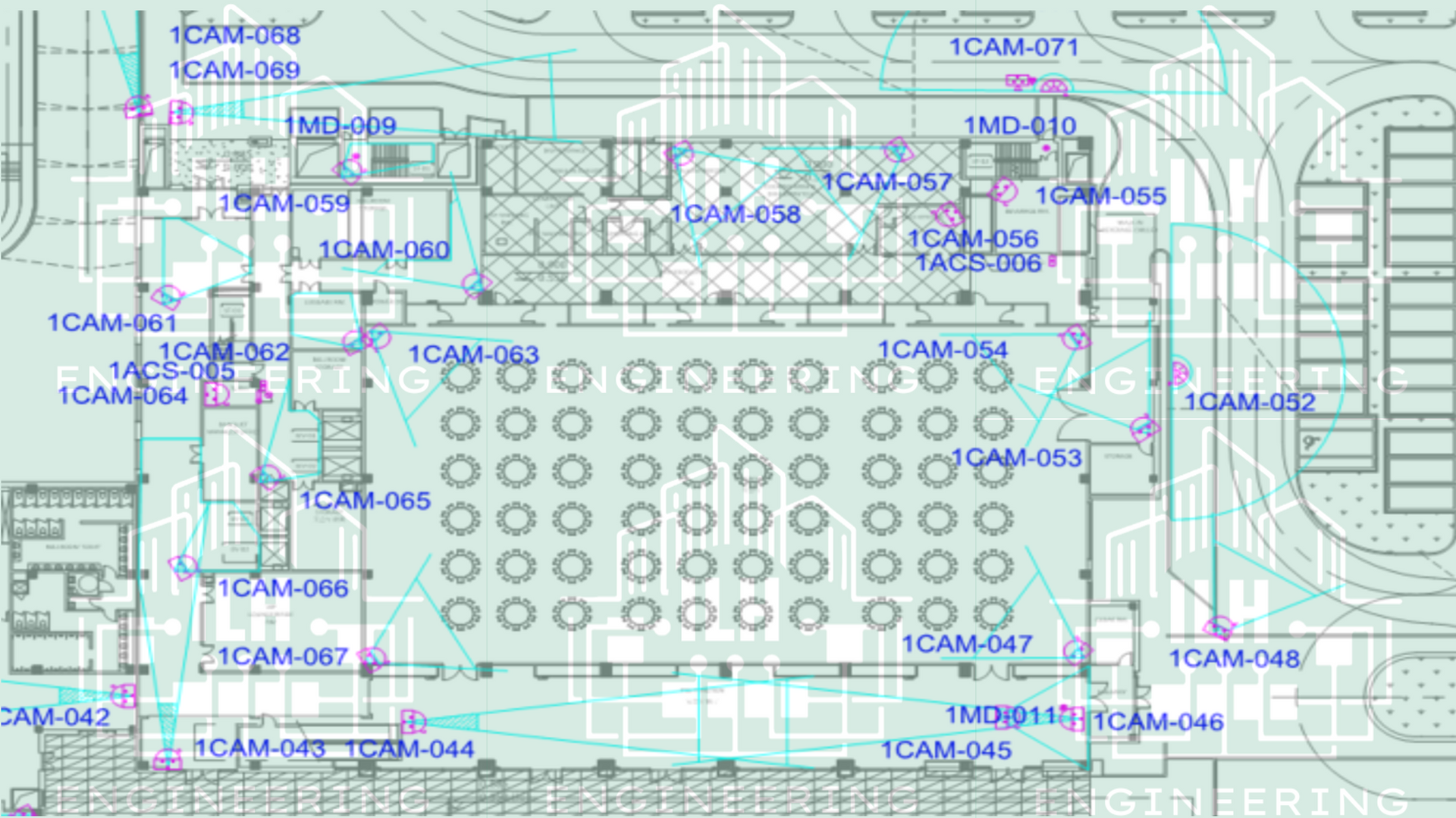 A blueprint of a building with a lot of circles on it.
