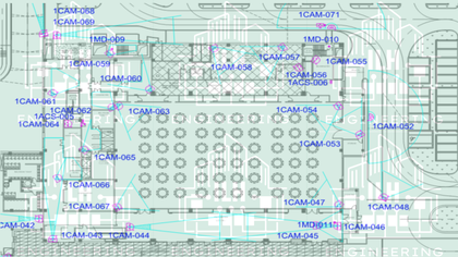 A blueprint of a building with a lot of circles on it.