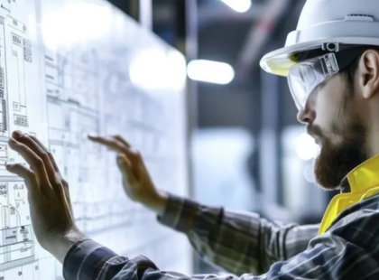 A man wearing a hard hat and goggles is looking at a blueprint.