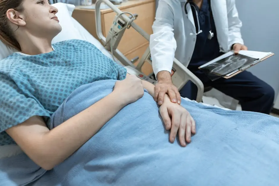 A woman in a hospital bed is being examined by a doctor