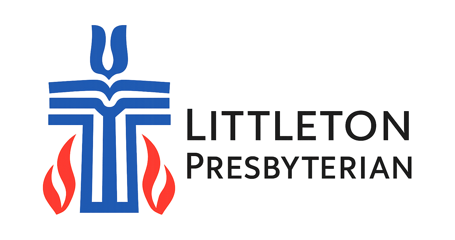 Logo for Littleton Presbyterian: Blue cross/book symbol with red flames, text