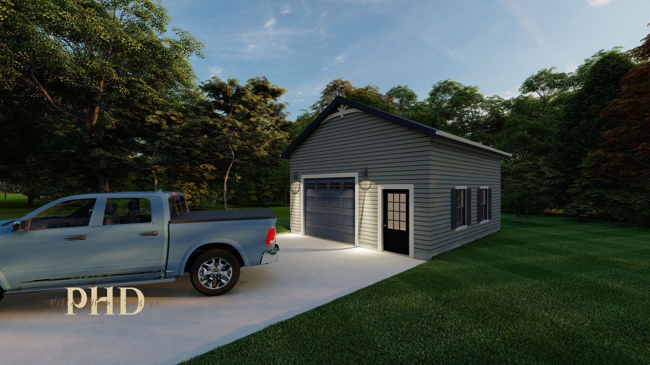 A rendering of a house with two garage doors and a porch