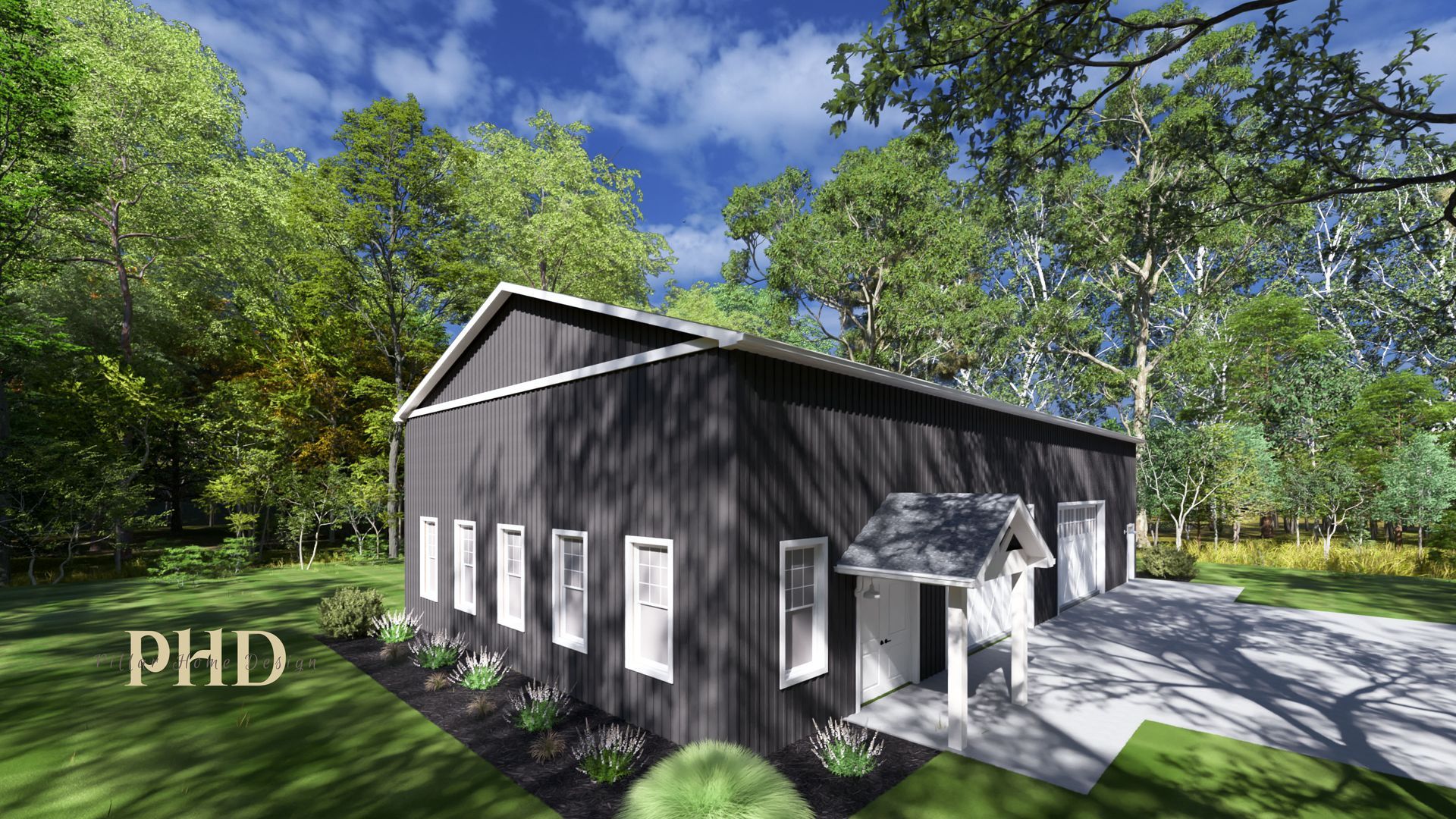 Dark grey building with white trim, set in a lush green environment under a blue sky.