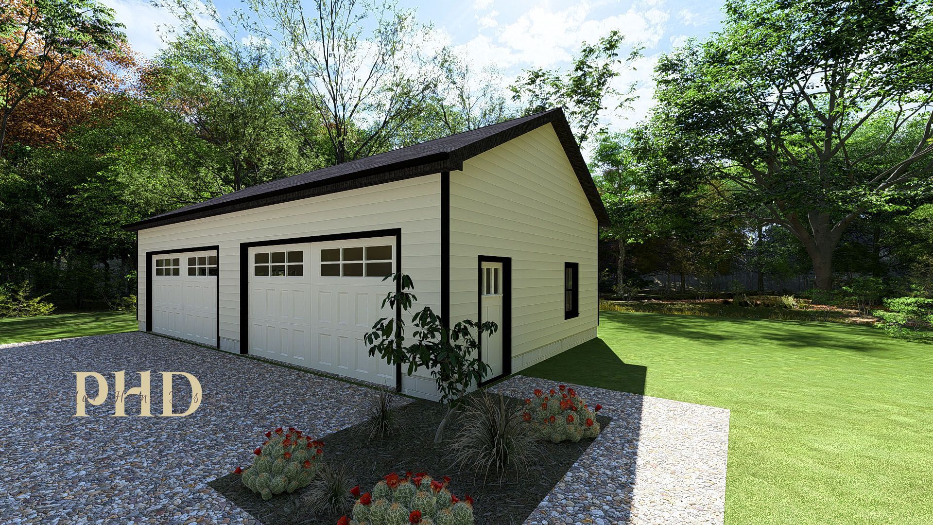 A rendering of a house with two garage doors and a porch