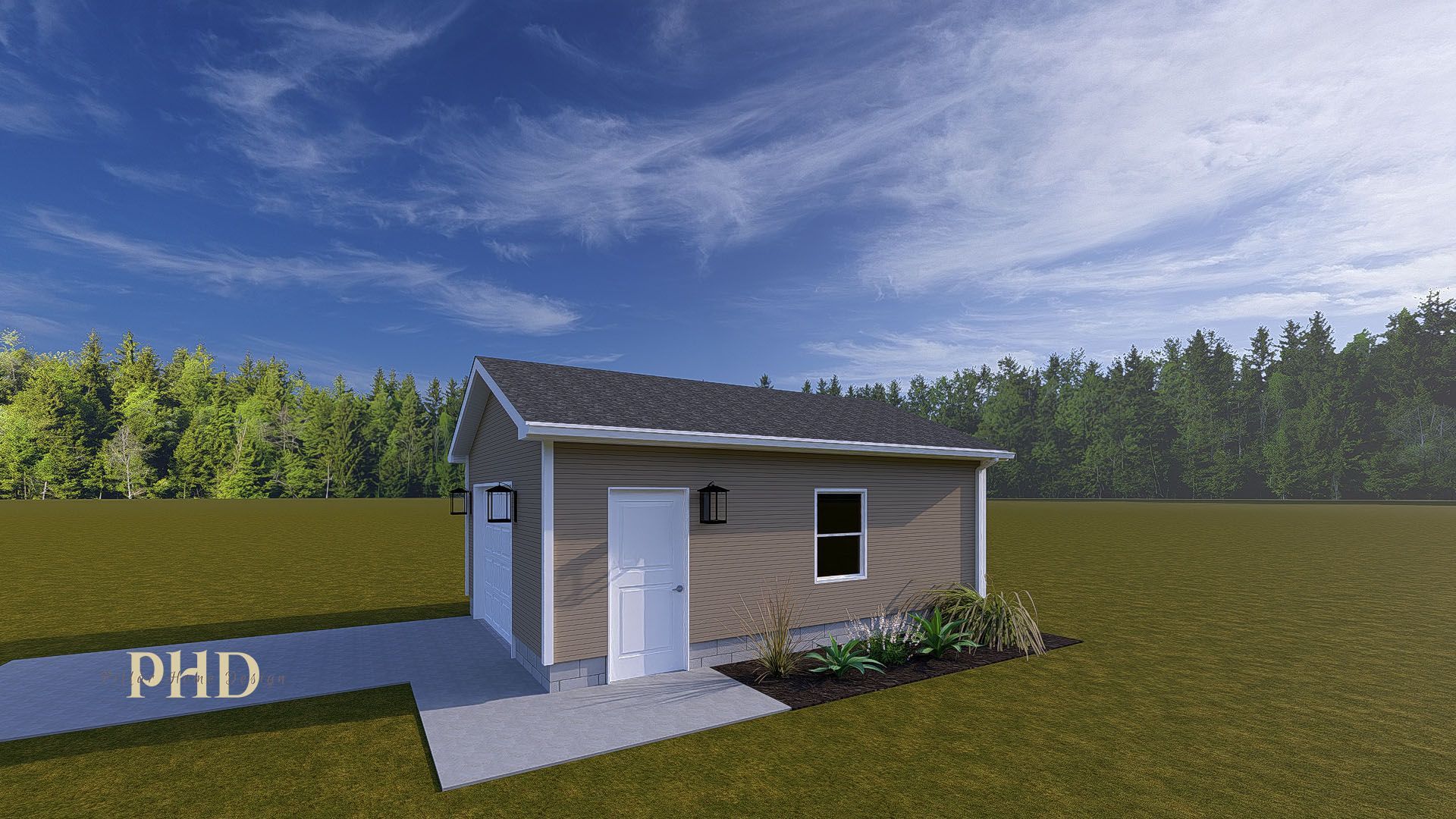 A rendering of a house with three garage doors and a driveway
