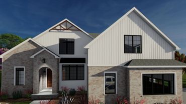 An artist 's impression of a house with a white roof and black windows