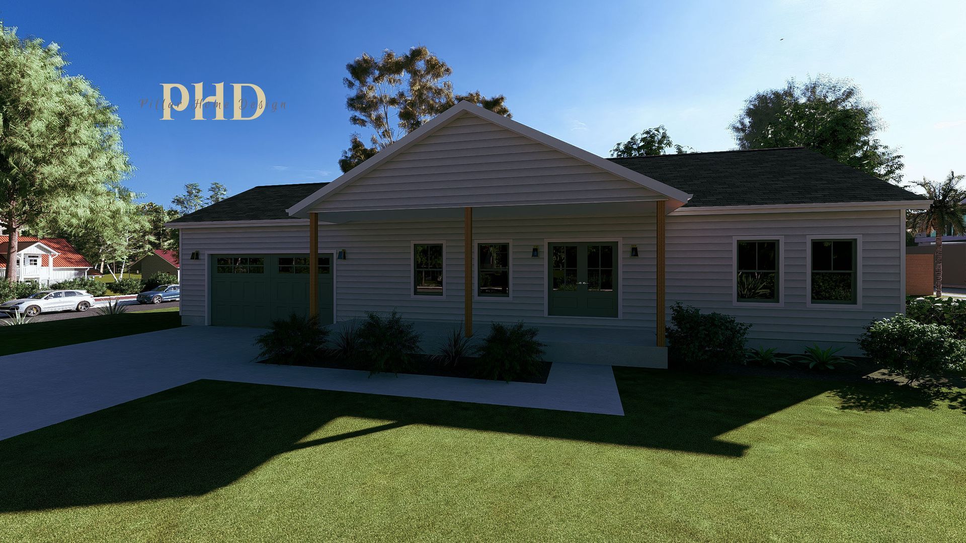 A rendering of a house with two garage doors and a porch