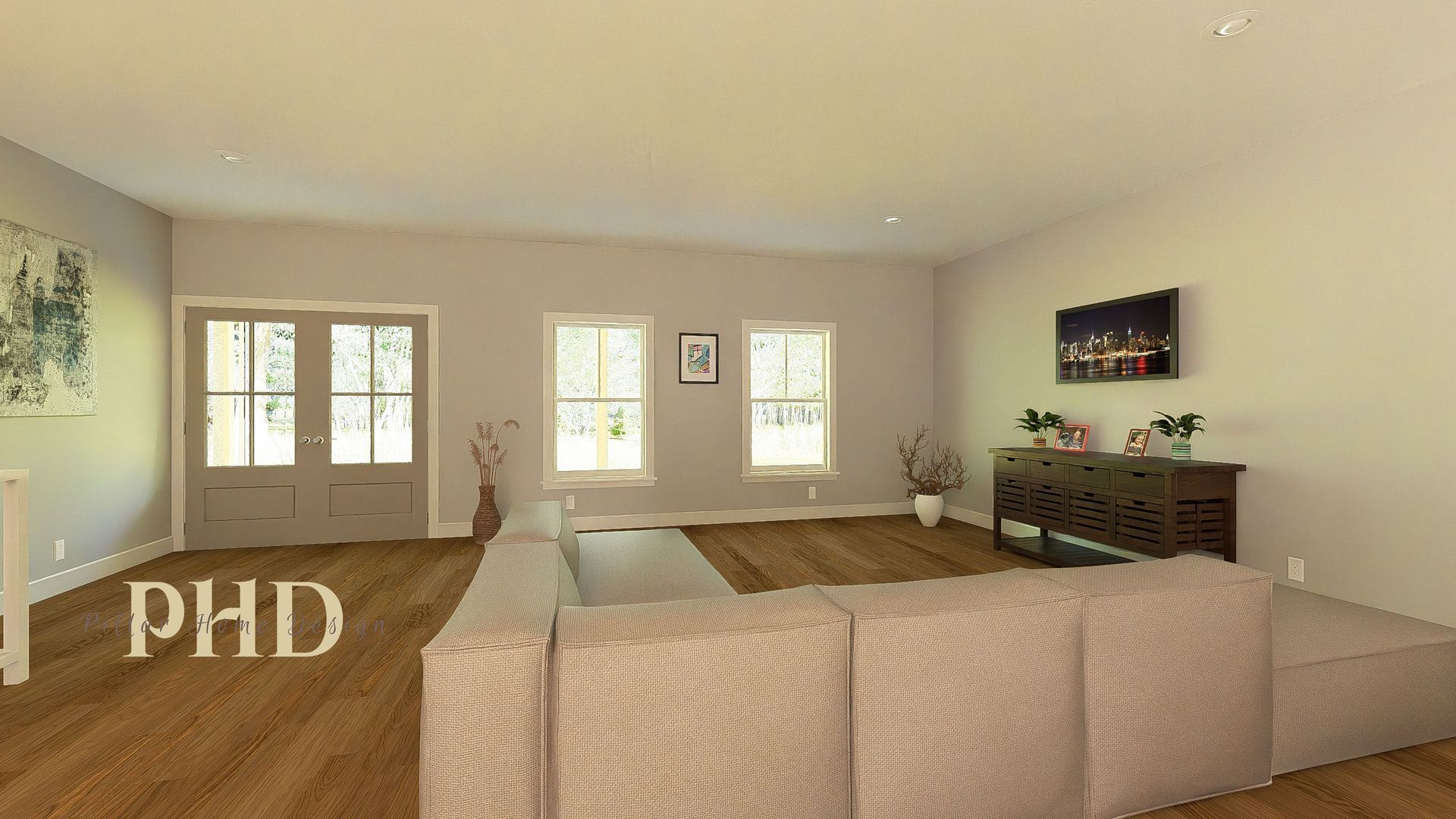 A white house with a black garage door is surrounded by trees and grass