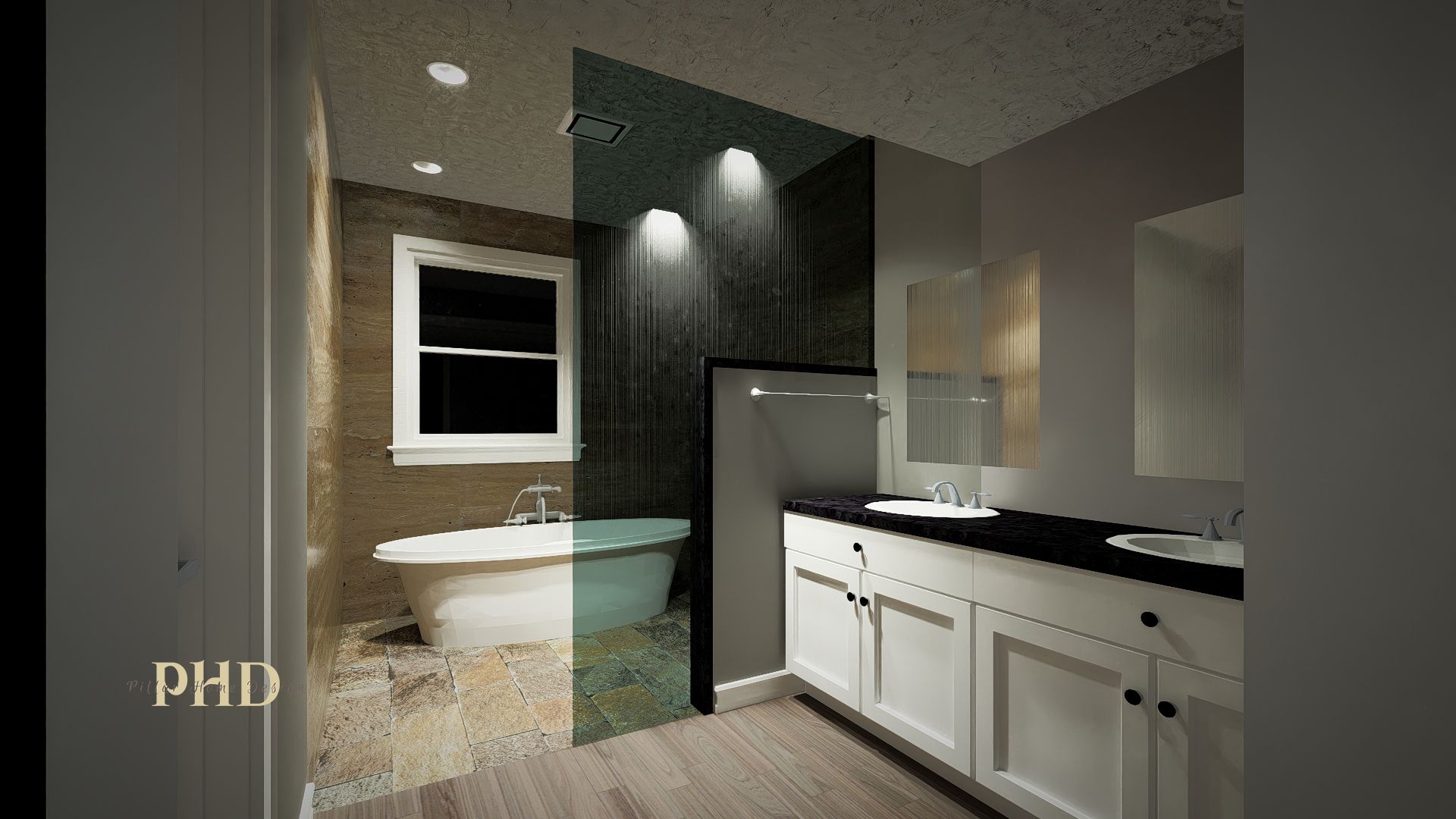 Bathroom interior with white cabinets, dark countertop, and freestanding tub.