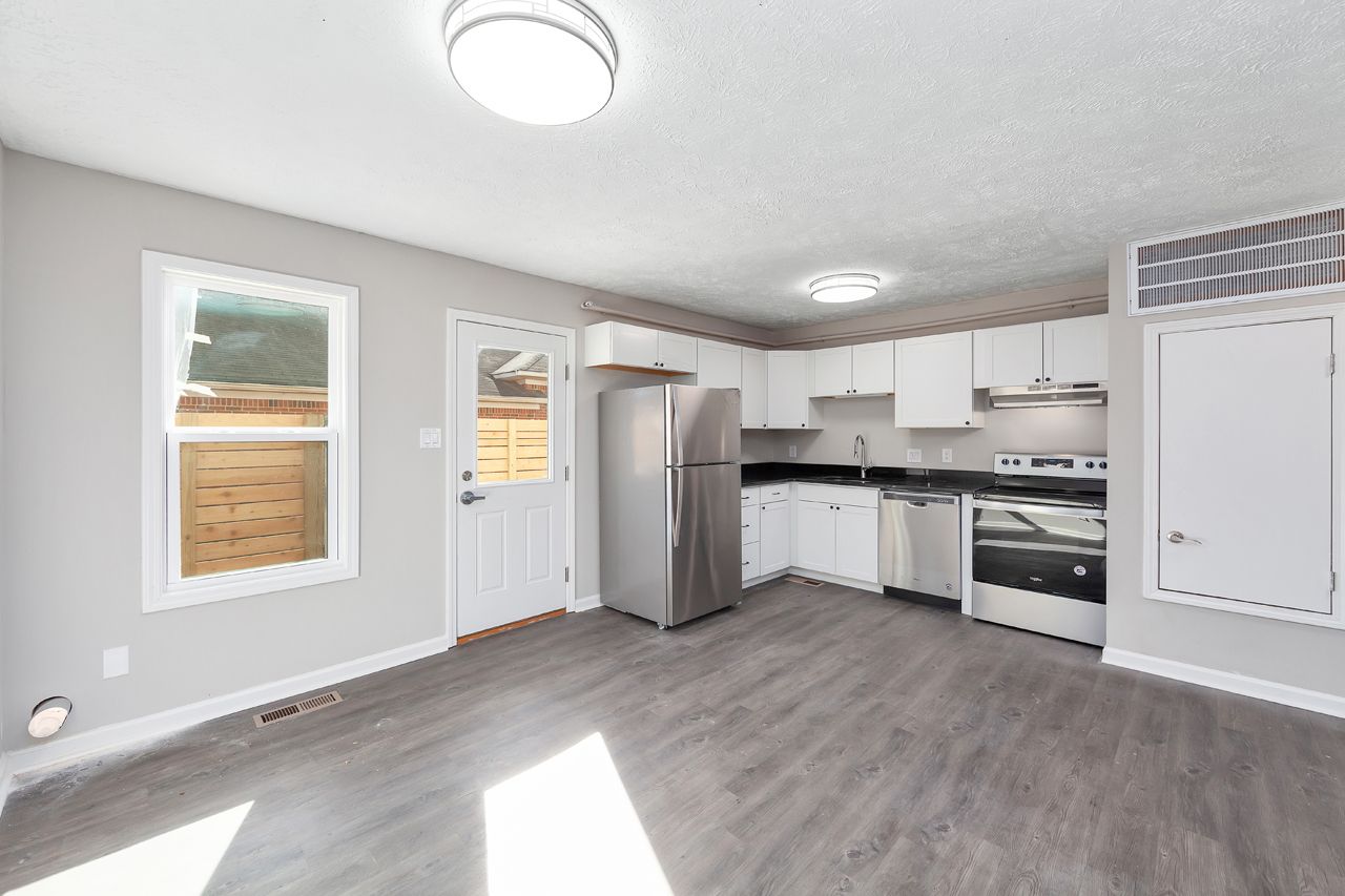 Living room and view of kitchen