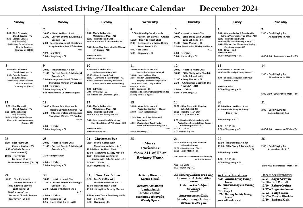 A calendar for assisted living and healthcare for december 2021