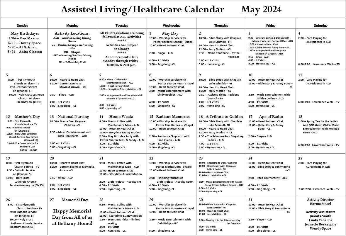 Calendar of activities – Minden, NE - Bethany Home
