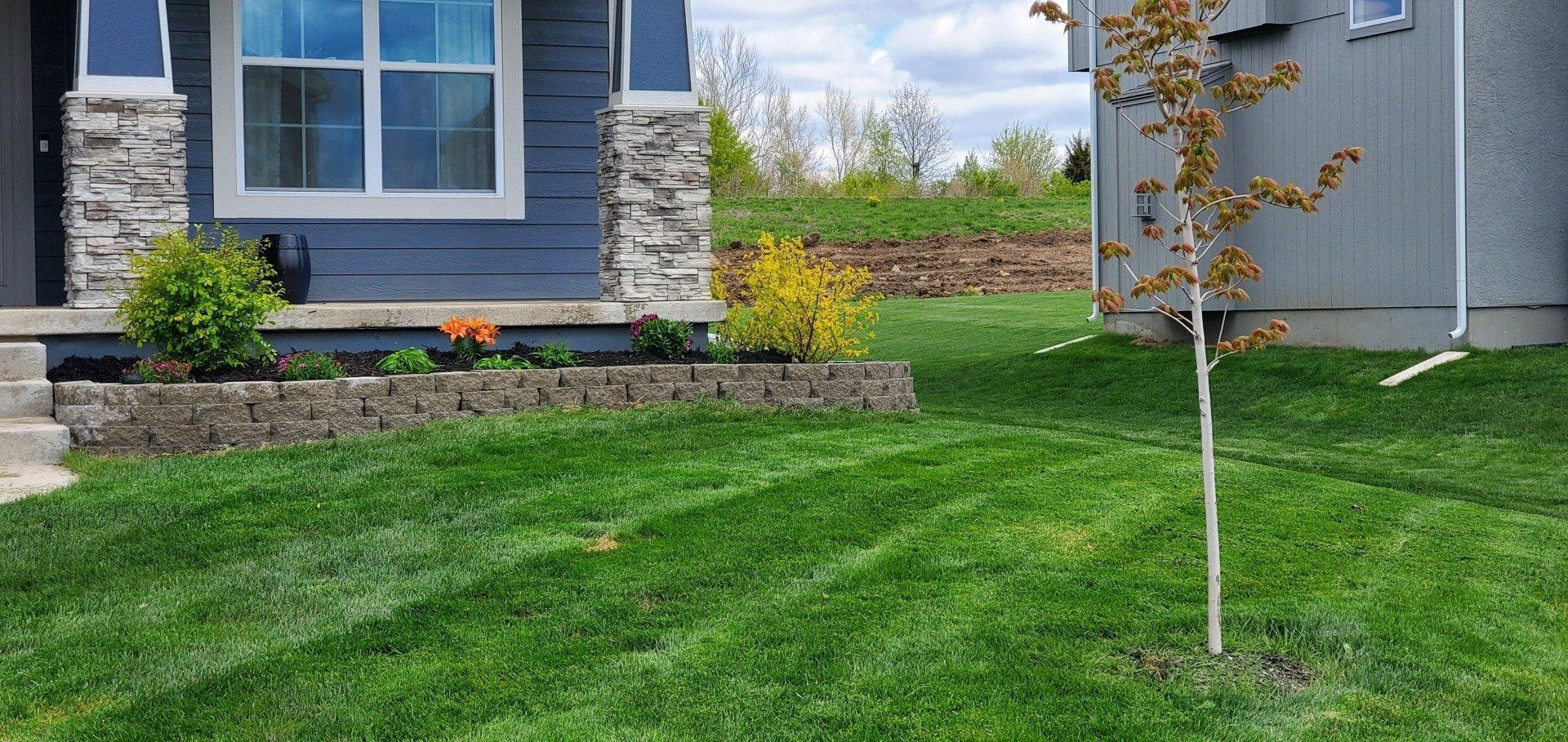 A house with a lush green lawn in front of it.