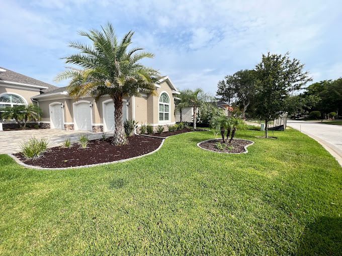 A house with a lush green lawn and palm trees in front of it.