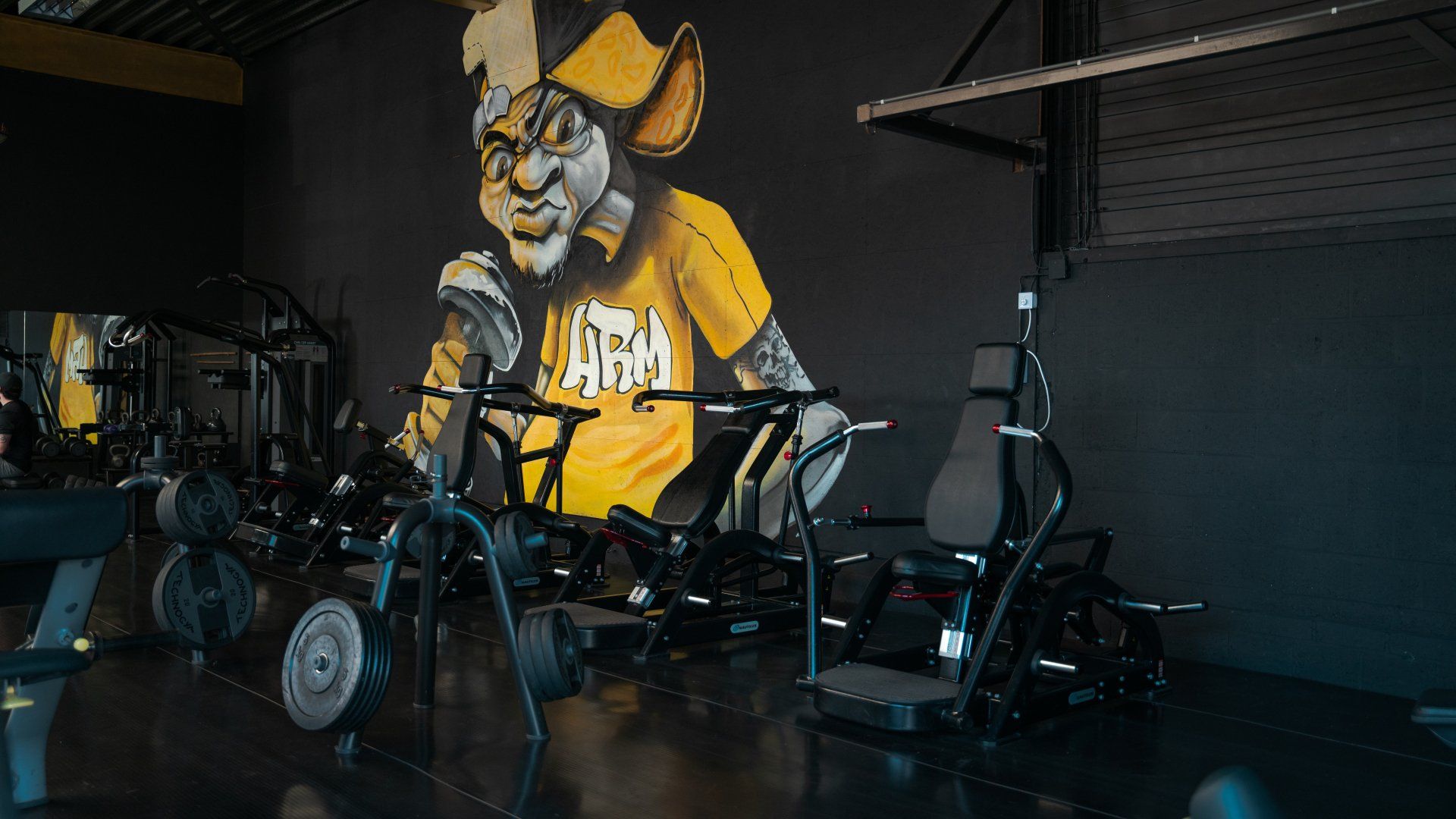 Een sportschool met een muurschildering aan de muur en veel fitnessapparatuur.