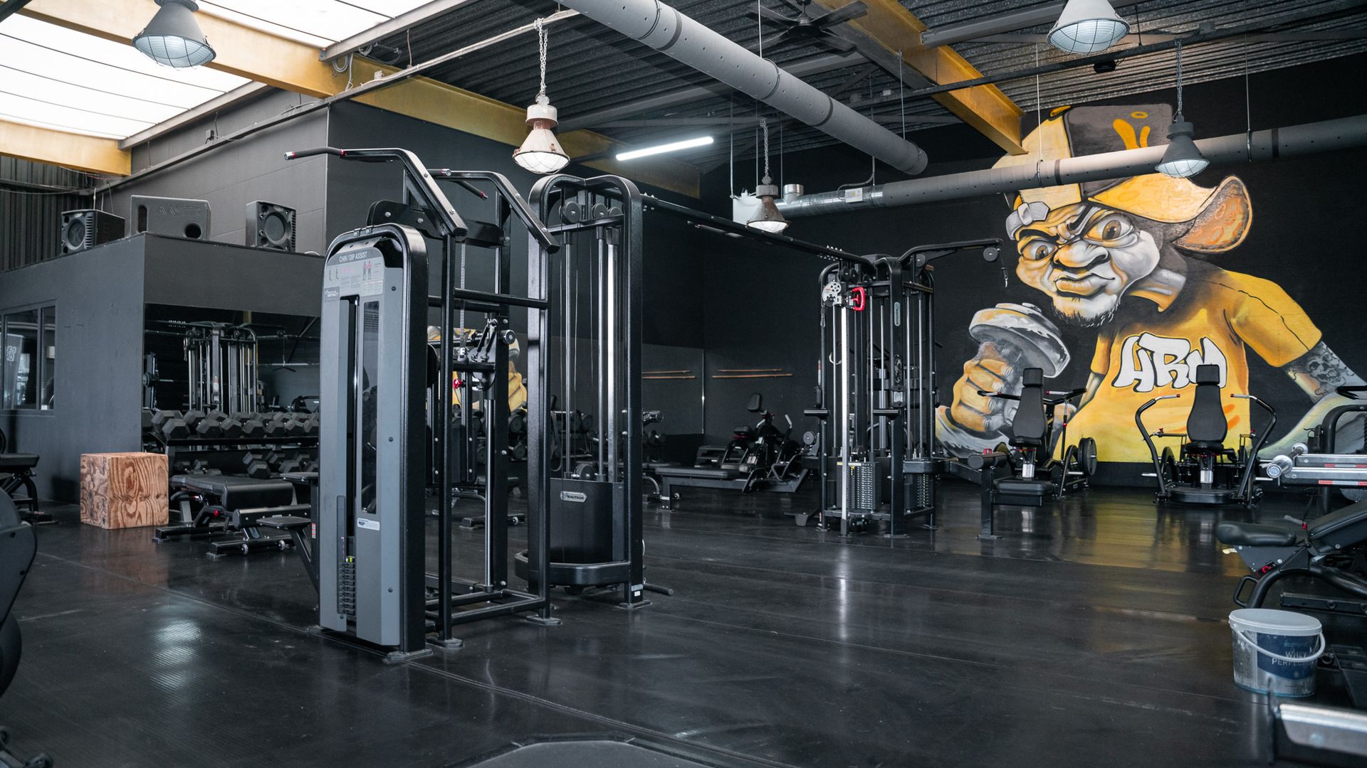 Een sportschool met een muurschildering aan de muur en veel fitnessapparatuur.
