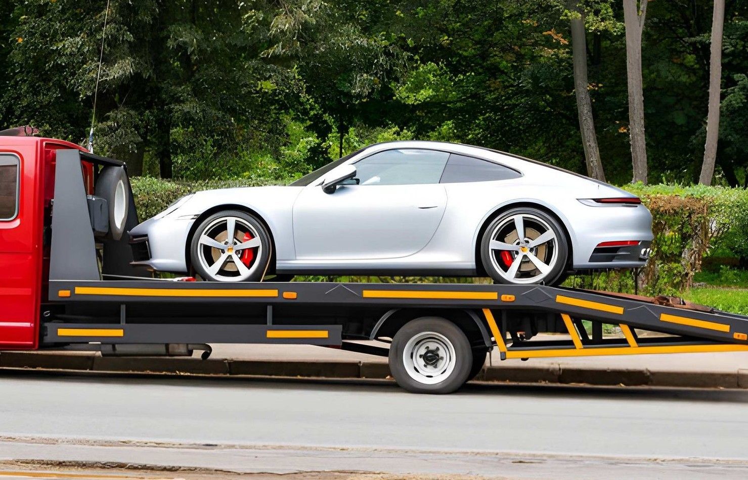 Green car being loaded onto a tow truck on a city street