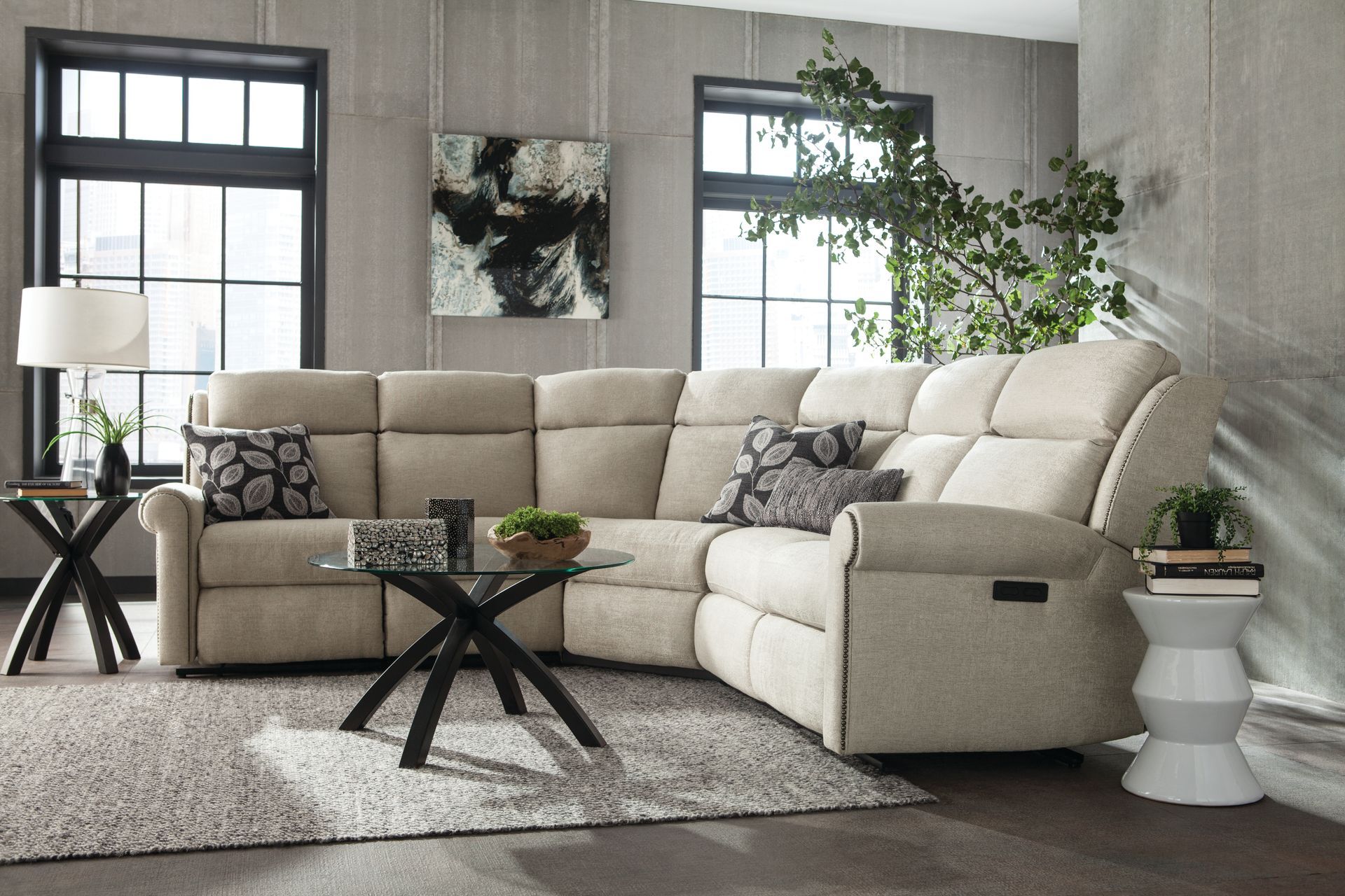 Beige sectional sofa in a modern living room setting.