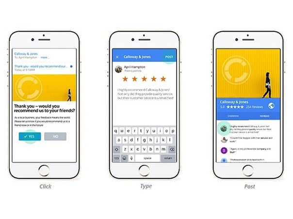 Mobile user interface screens showing a review process: giving a thumbs-up, typing a review, and posting it.