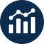 White chart and bar graph on a dark blue circle, indicating data analysis and growth.