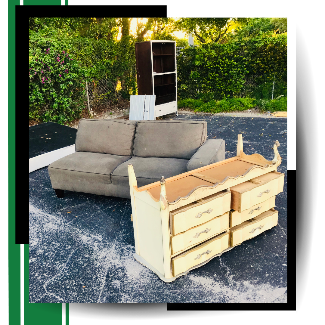A discarded furniture with graphics around it.