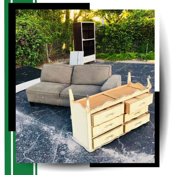 A discarded furniture with graphics around it.