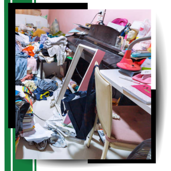 A messy room with graphics around it