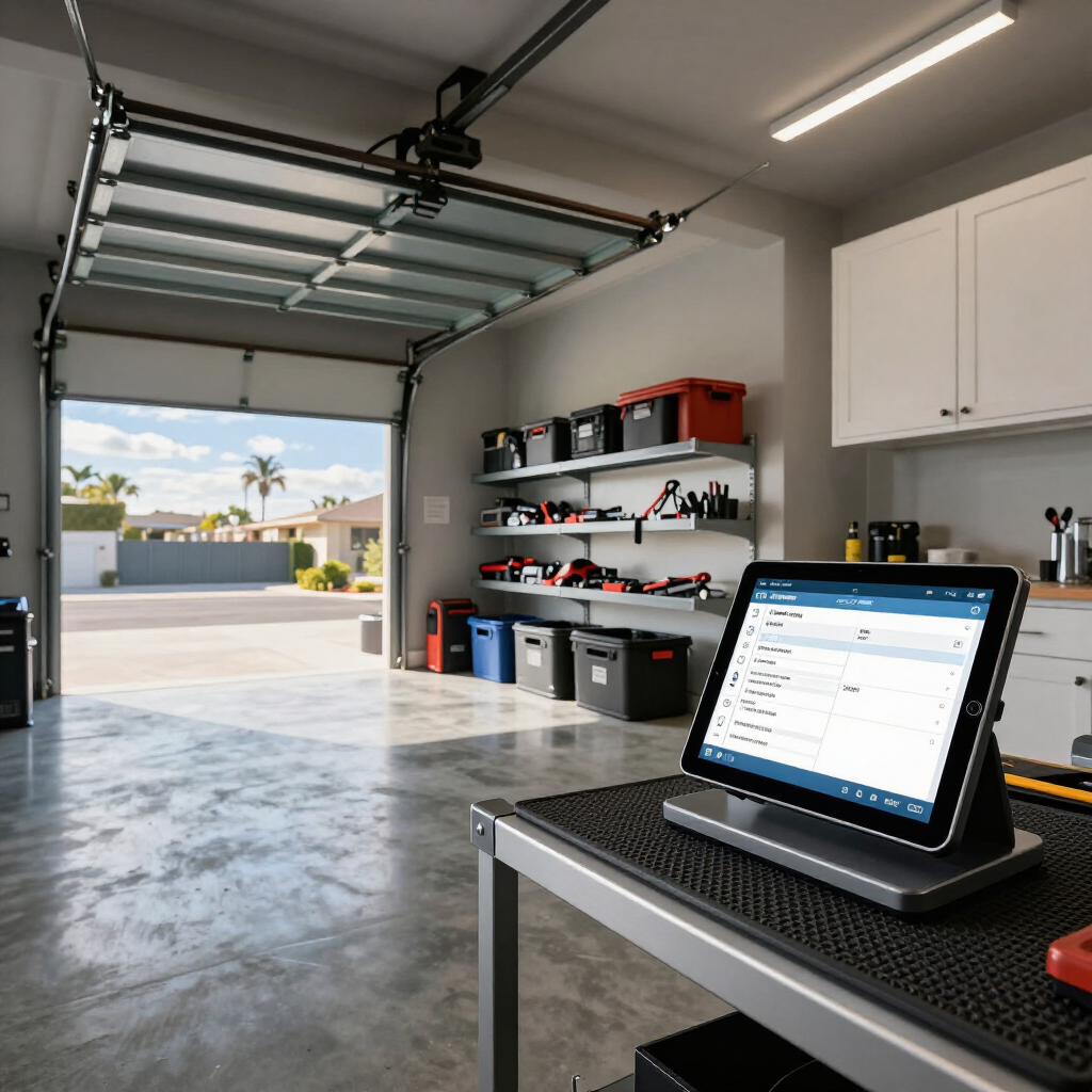 Modern garage workshop with open door, shelves, and a laptop on a workbench