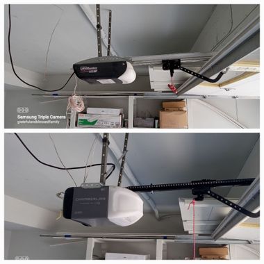 Garage ceiling-mounted opener motor on track, shown in two views with hanging cables and storage boxes below